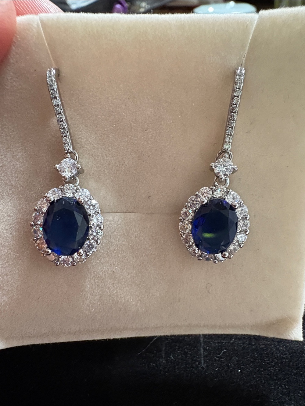 Genevieve beautiful Classic Sapphire Blue Halo Drop Earrings - Women Jewelry